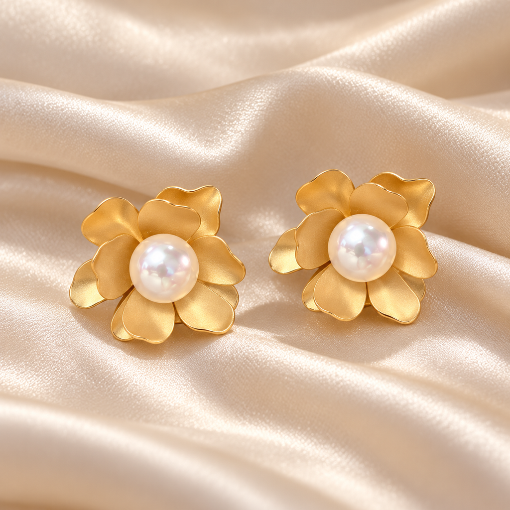 Golden Petal Pearl Flower Earrings