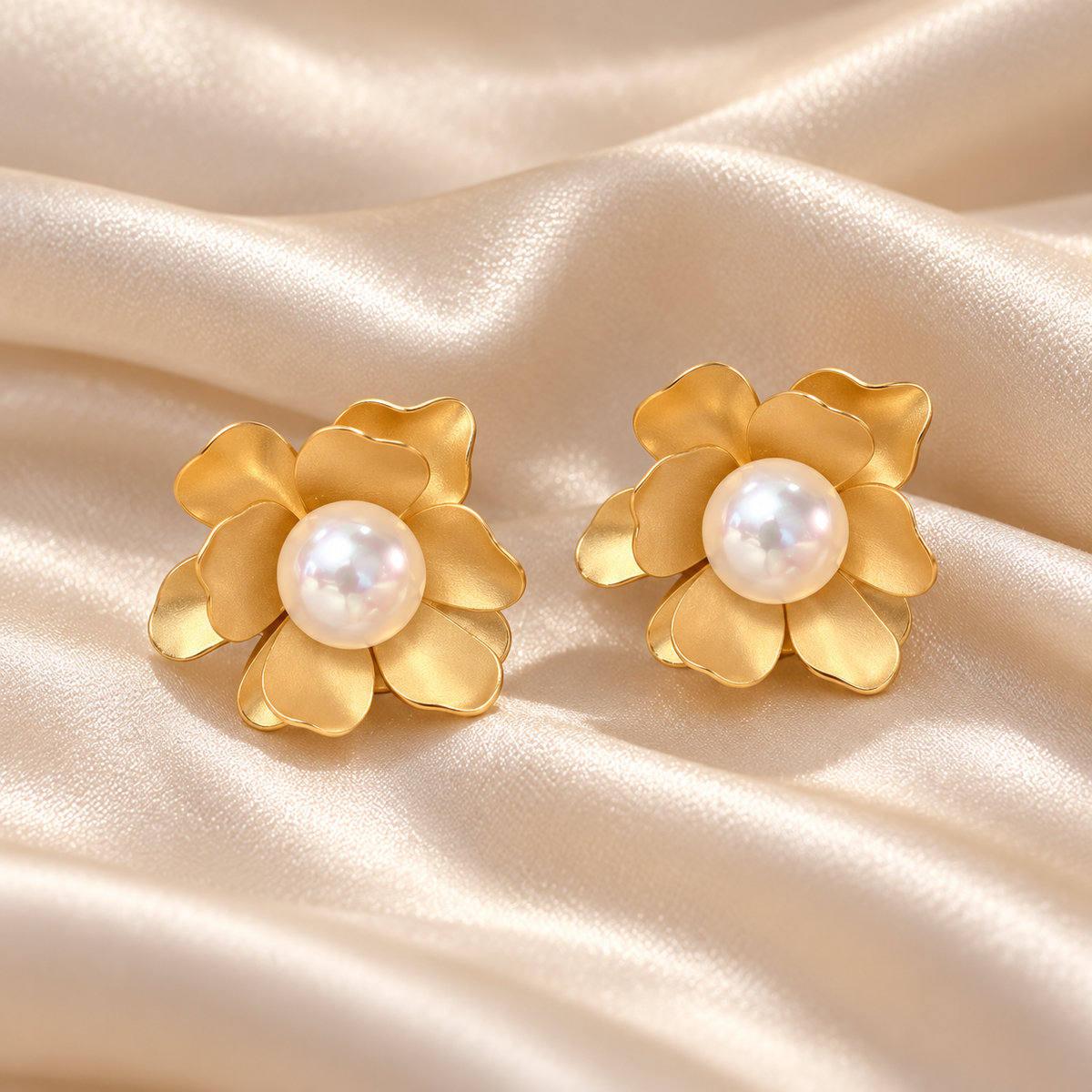 Golden Petal Pearl Flower Earrings