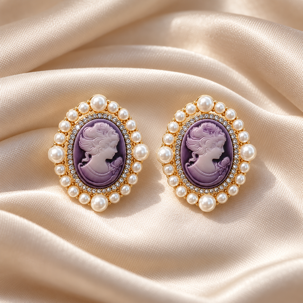 Vintage Purple Cameo Pearl Earrings