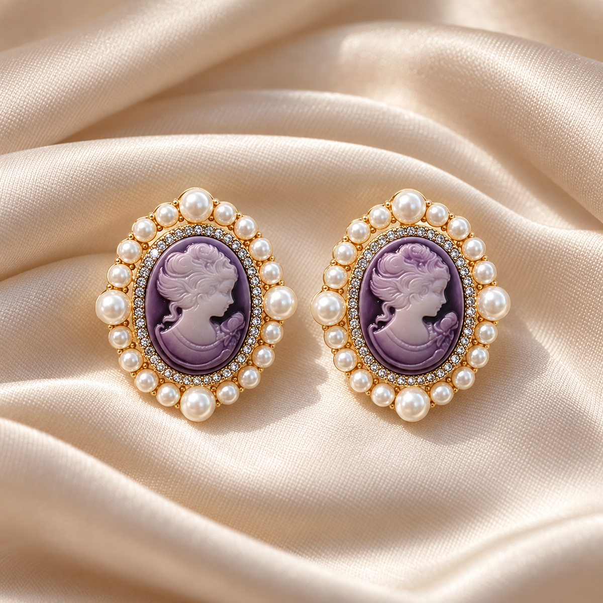 Vintage Purple Cameo Pearl Earrings