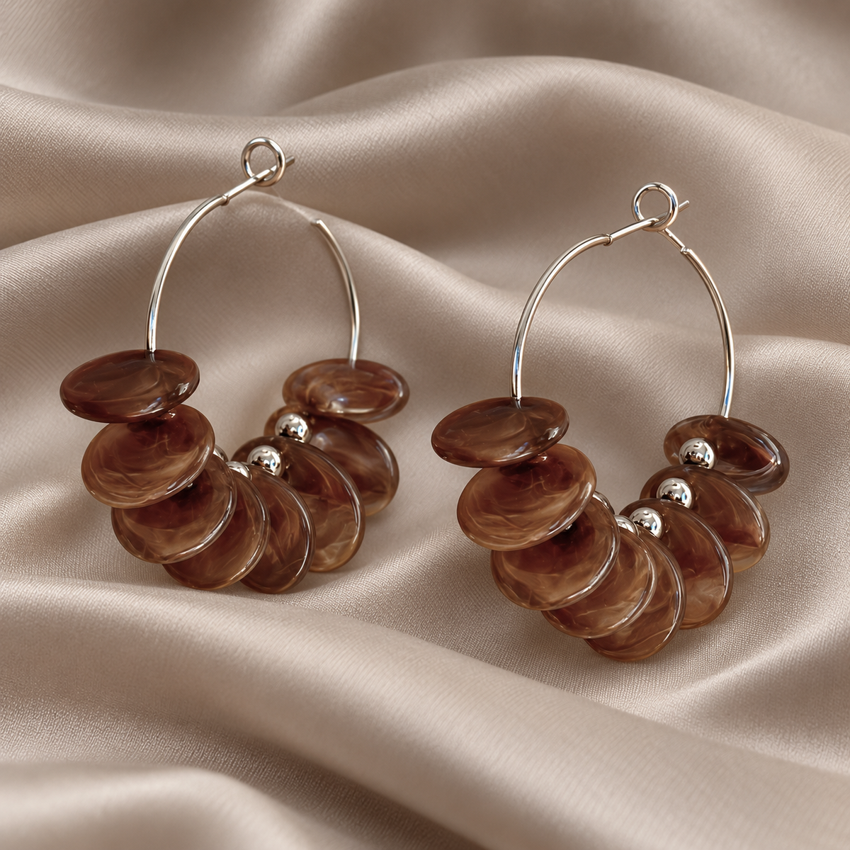 Smoky Brown Disc Silver Hoop Earrings