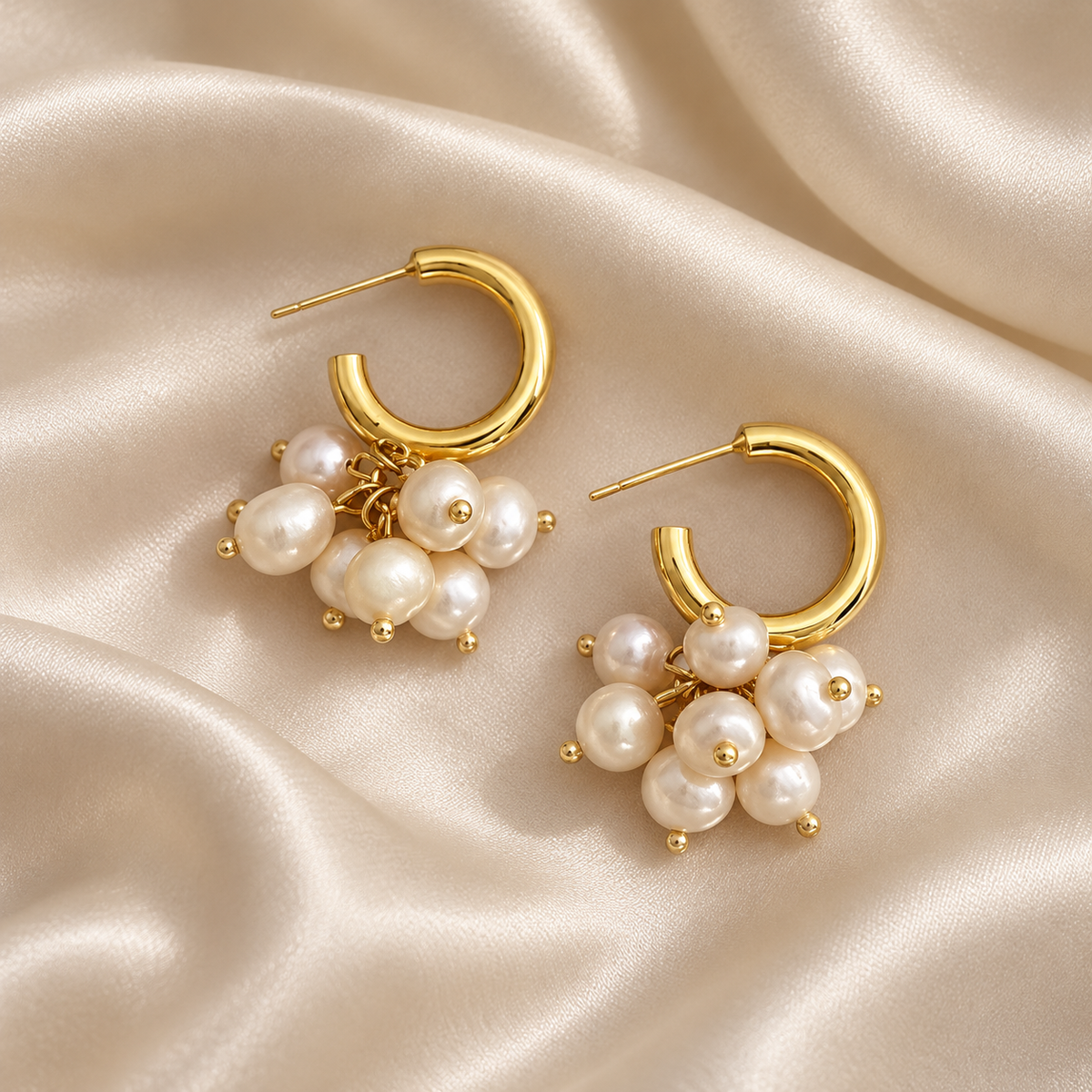 Golden Pearl Cluster Hoop Earrings