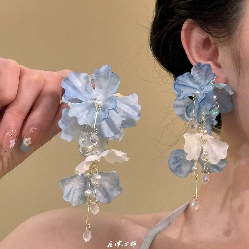 Azure Bloom Crystal Drop Earrings