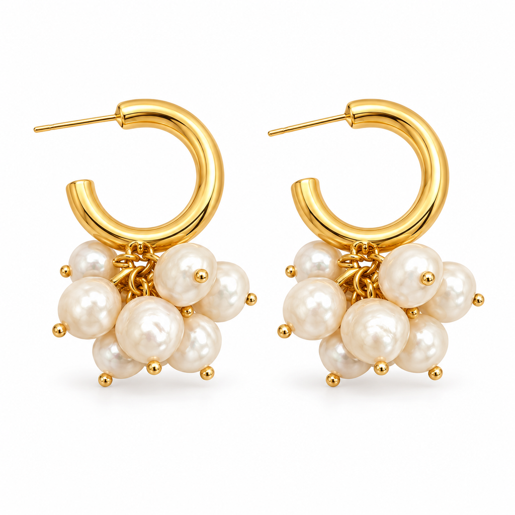 Golden Pearl Cluster Hoop Earrings