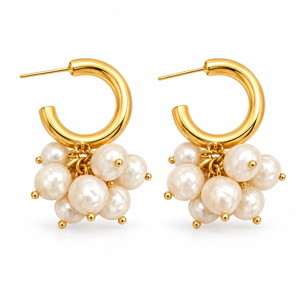 Golden Pearl Cluster Hoop Earrings