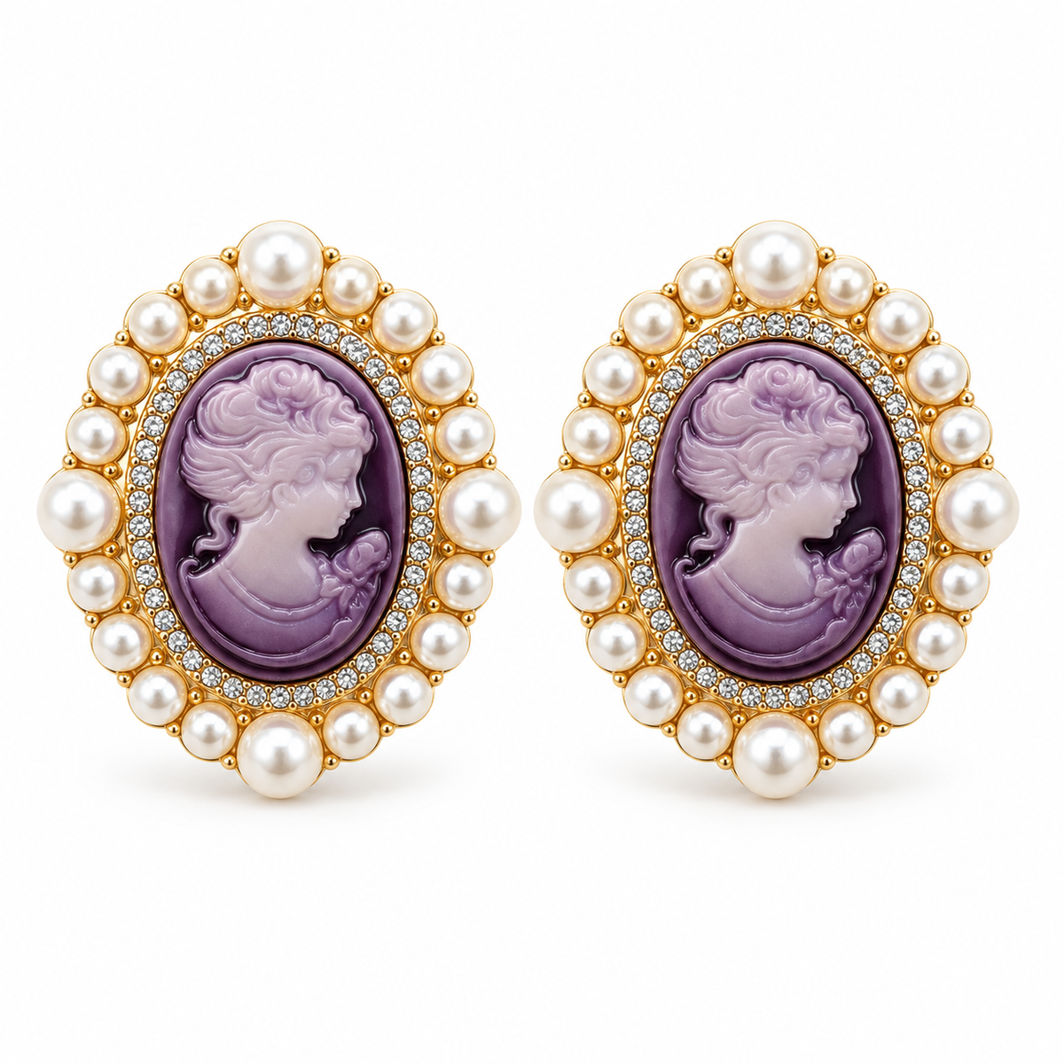 Vintage Purple Cameo Pearl Earrings