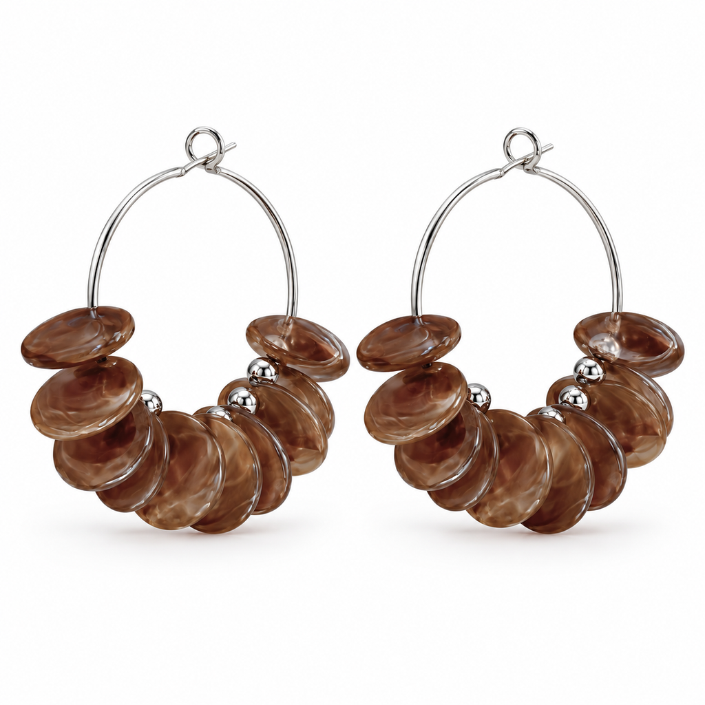 Smoky Brown Disc Silver Hoop Earrings