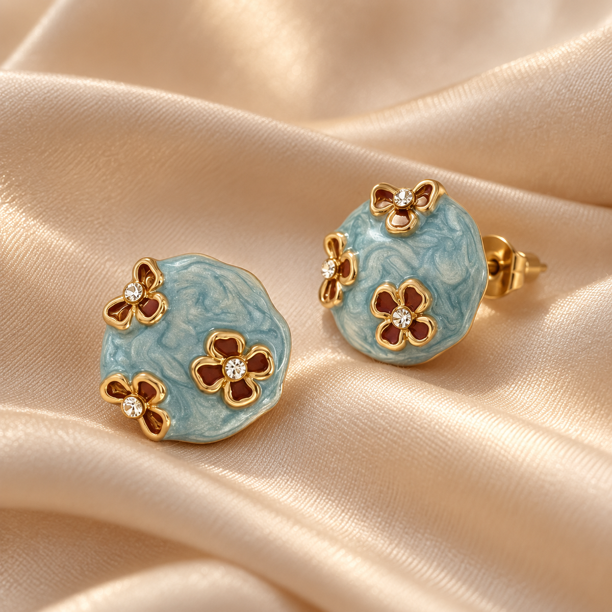 Blue Enamel Blossom Stud Earrings