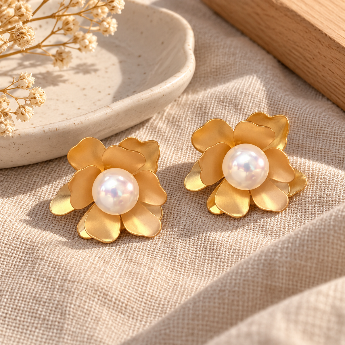 Golden Petal Pearl Flower Earrings
