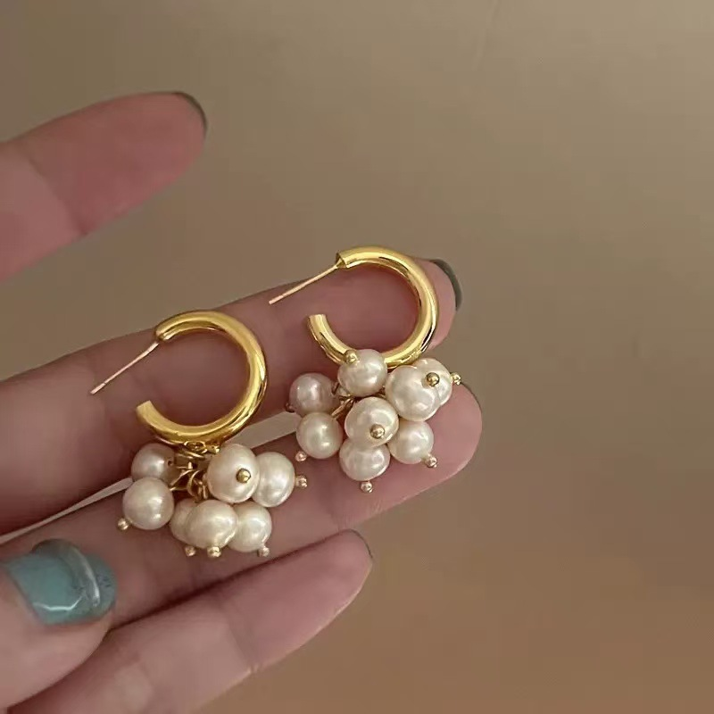 Golden Pearl Cluster Hoop Earrings
