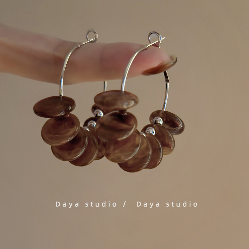 Smoky Brown Disc Silver Hoop Earrings