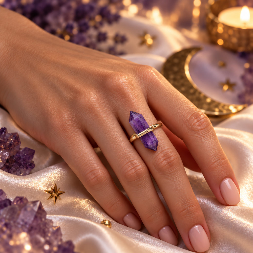 Amethyst Aura Guardian Point Ring – Calm, Clarity & Intuition