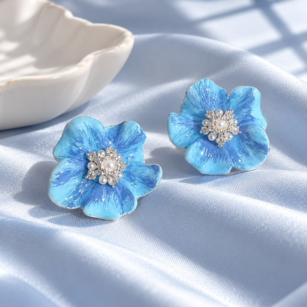 Azure Bloom Pearl Stud Earrings