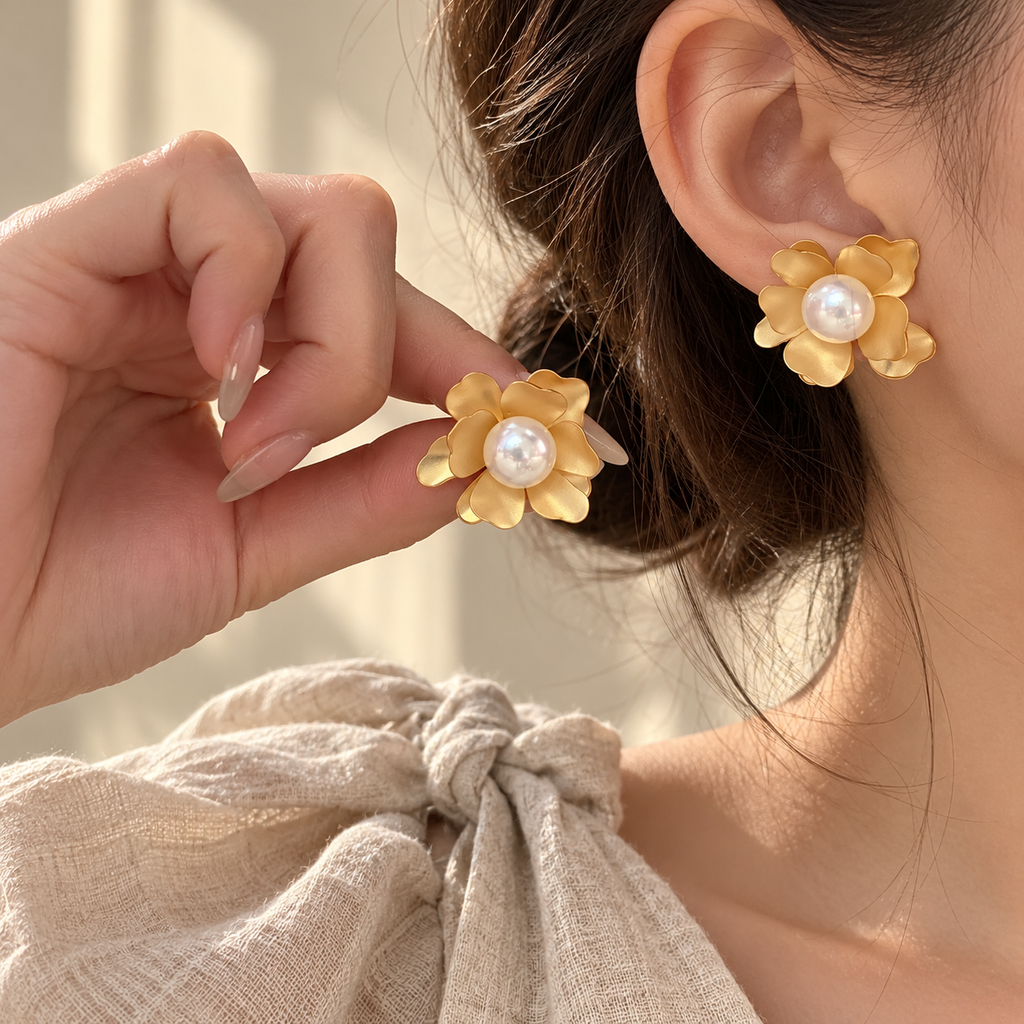 Golden Petal Pearl Flower Earrings