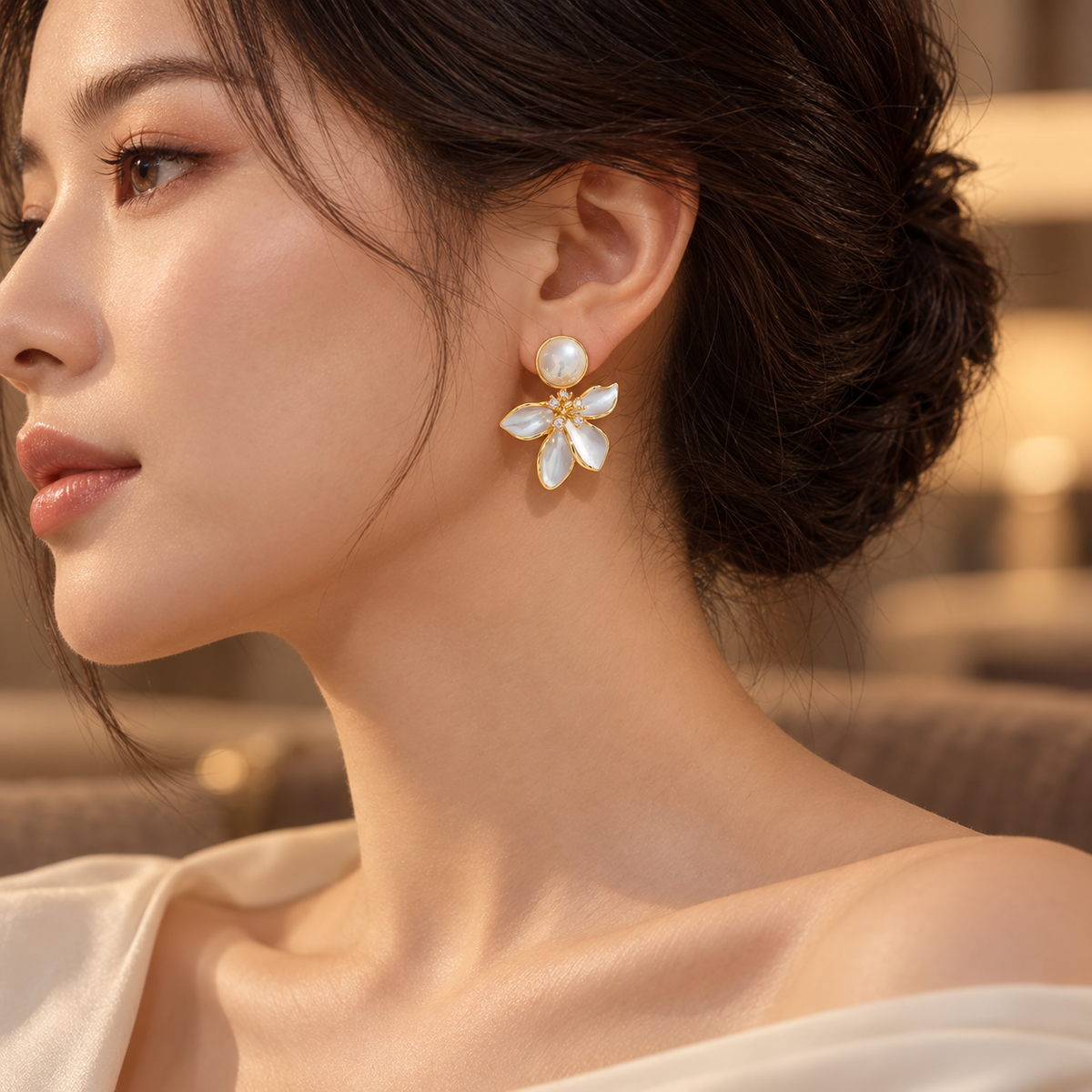 Pearl Petal Flower Drop Earrings