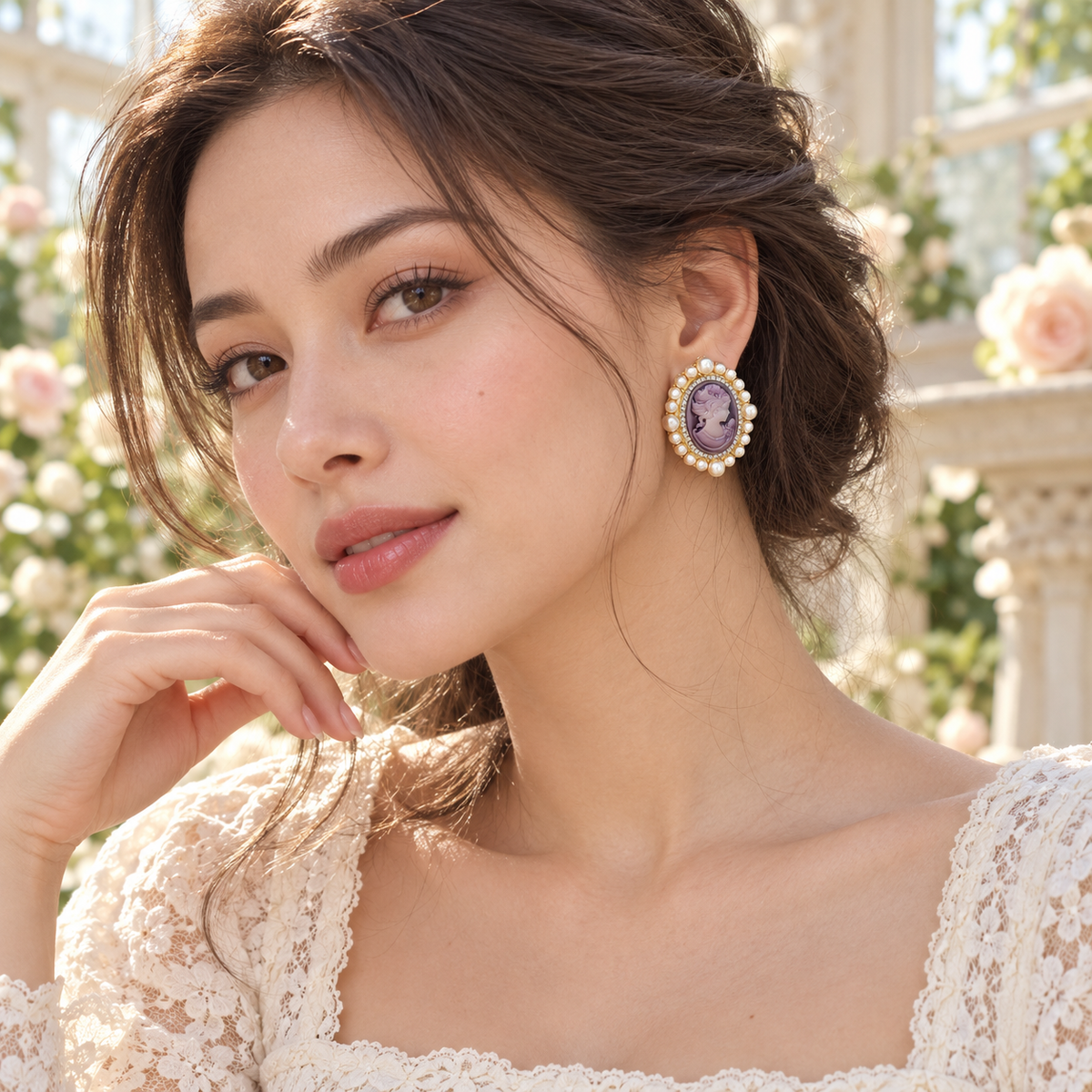 Vintage Purple Cameo Pearl Earrings