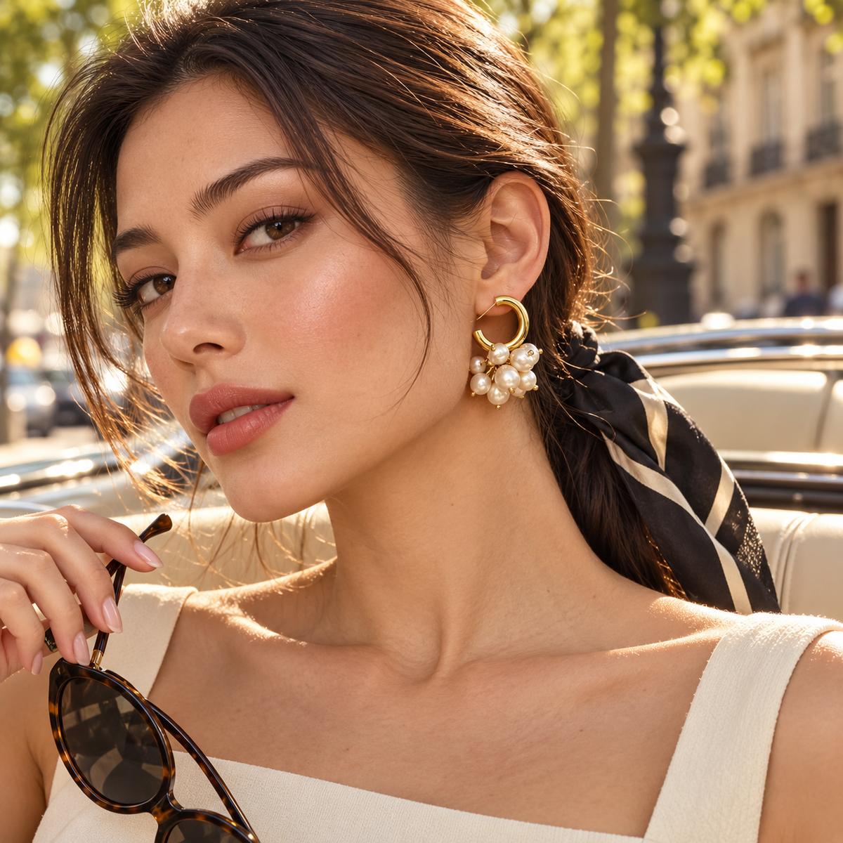 Golden Pearl Cluster Hoop Earrings