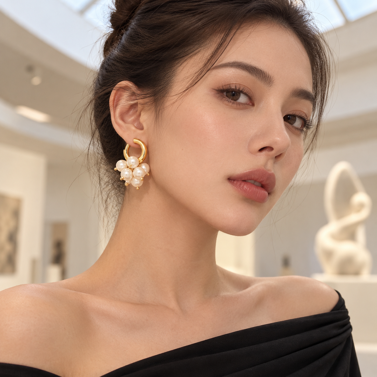 Golden Pearl Cluster Hoop Earrings