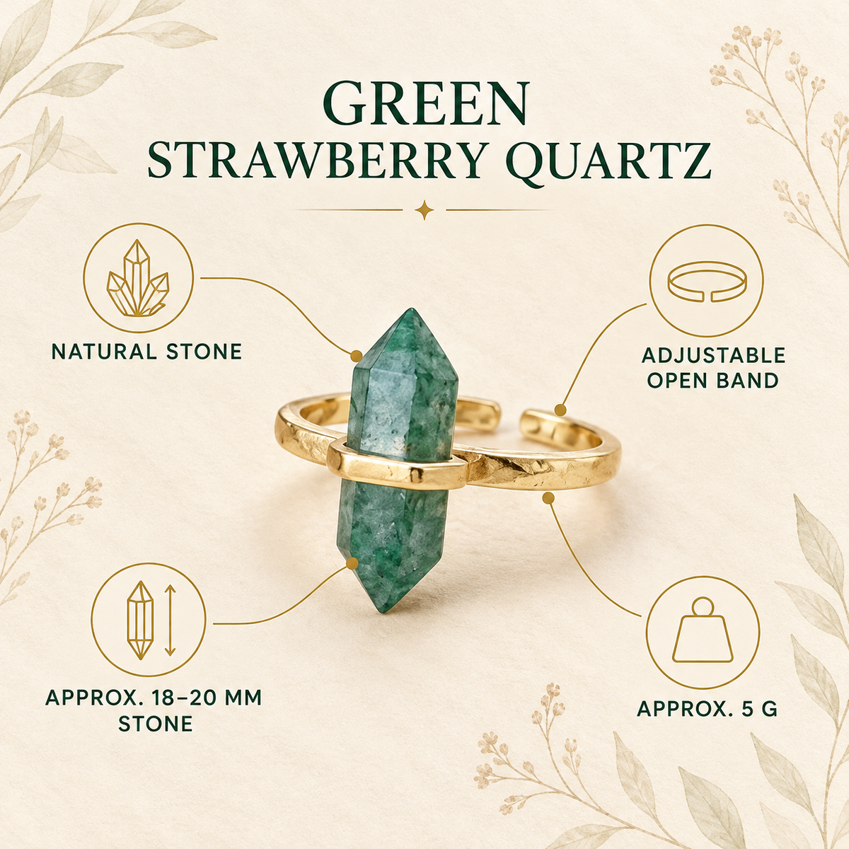 Green Strawberry Quartz Lucky Growth Ring – Abundance & Positive Energy