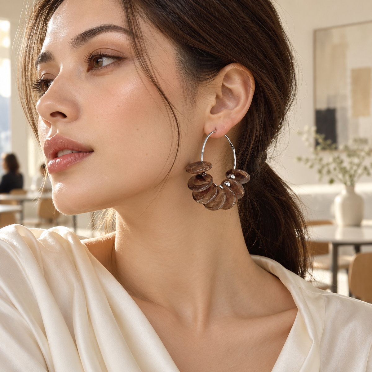 Smoky Brown Disc Silver Hoop Earrings