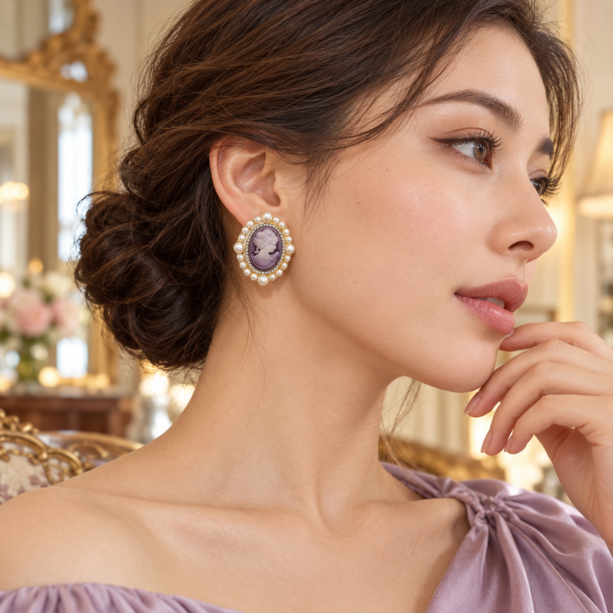 Vintage Purple Cameo Pearl Earrings