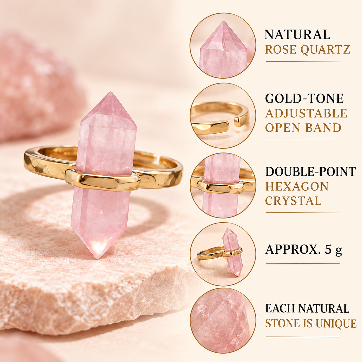 Rose Quartz Love Aura Point Ring – Love, Compassion & Harmony