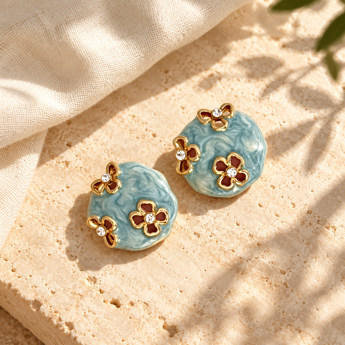 Blue Enamel Blossom Stud Earrings