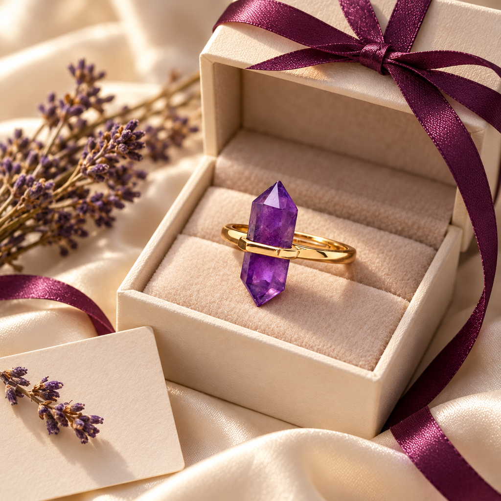 Amethyst Aura Guardian Point Ring – Calm, Clarity & Intuition