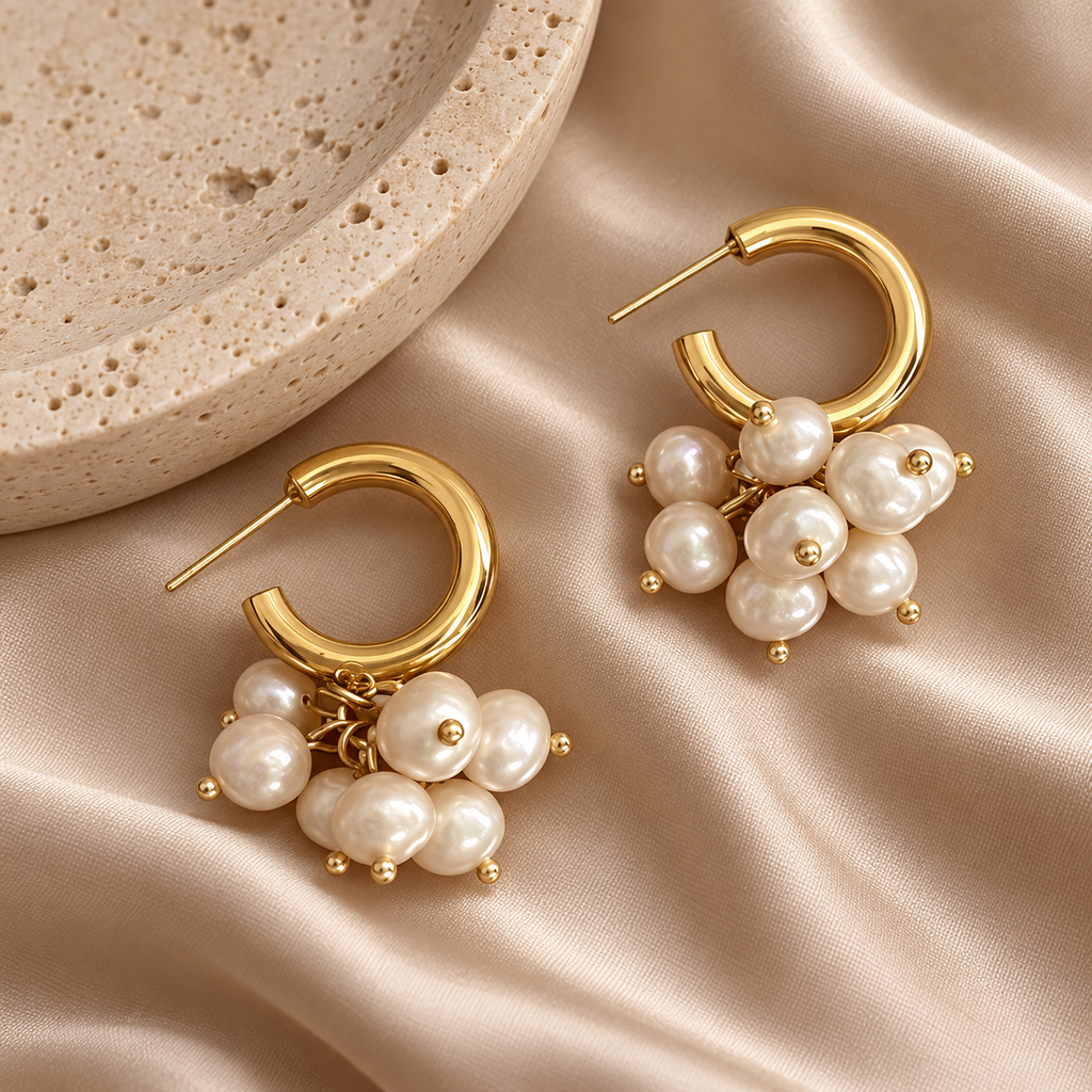 Golden Pearl Cluster Hoop Earrings