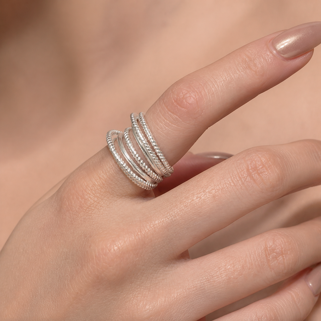 Silver-Tone Textured Multi-Band Cuff Ring