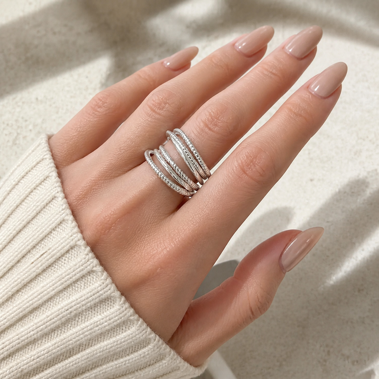 Silver-Tone Textured Multi-Band Cuff Ring