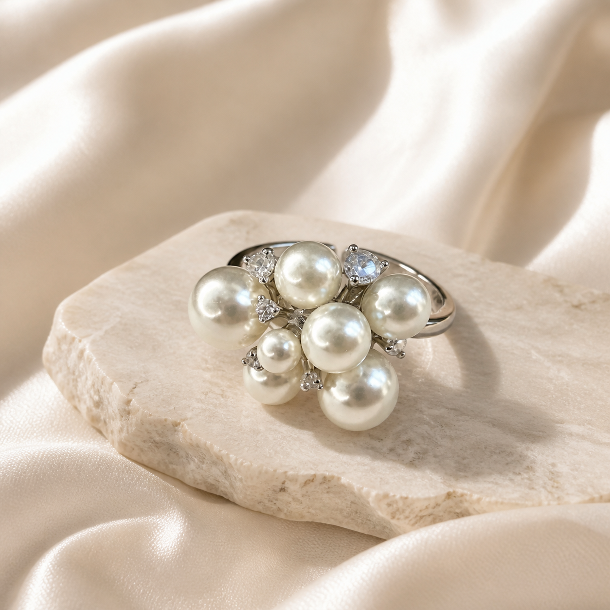 Pearl Cluster Silver-Tone Cuff Ring