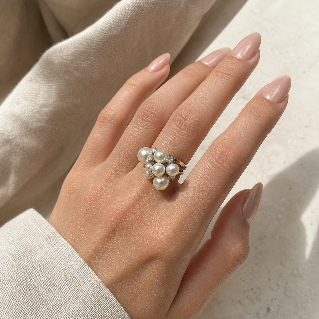 Pearl Cluster Silver-Tone Cuff Ring