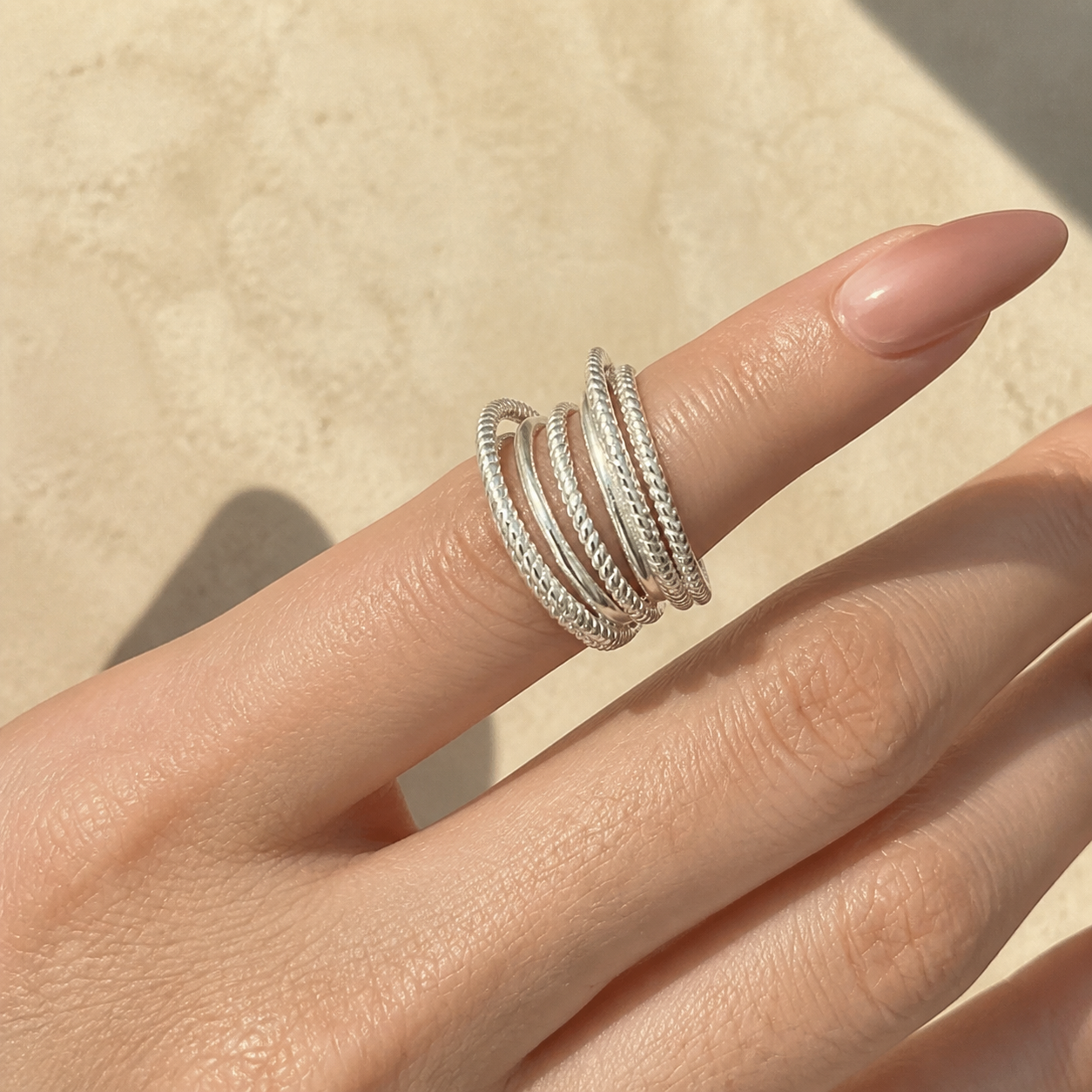 Silver-Tone Textured Multi-Band Cuff Ring