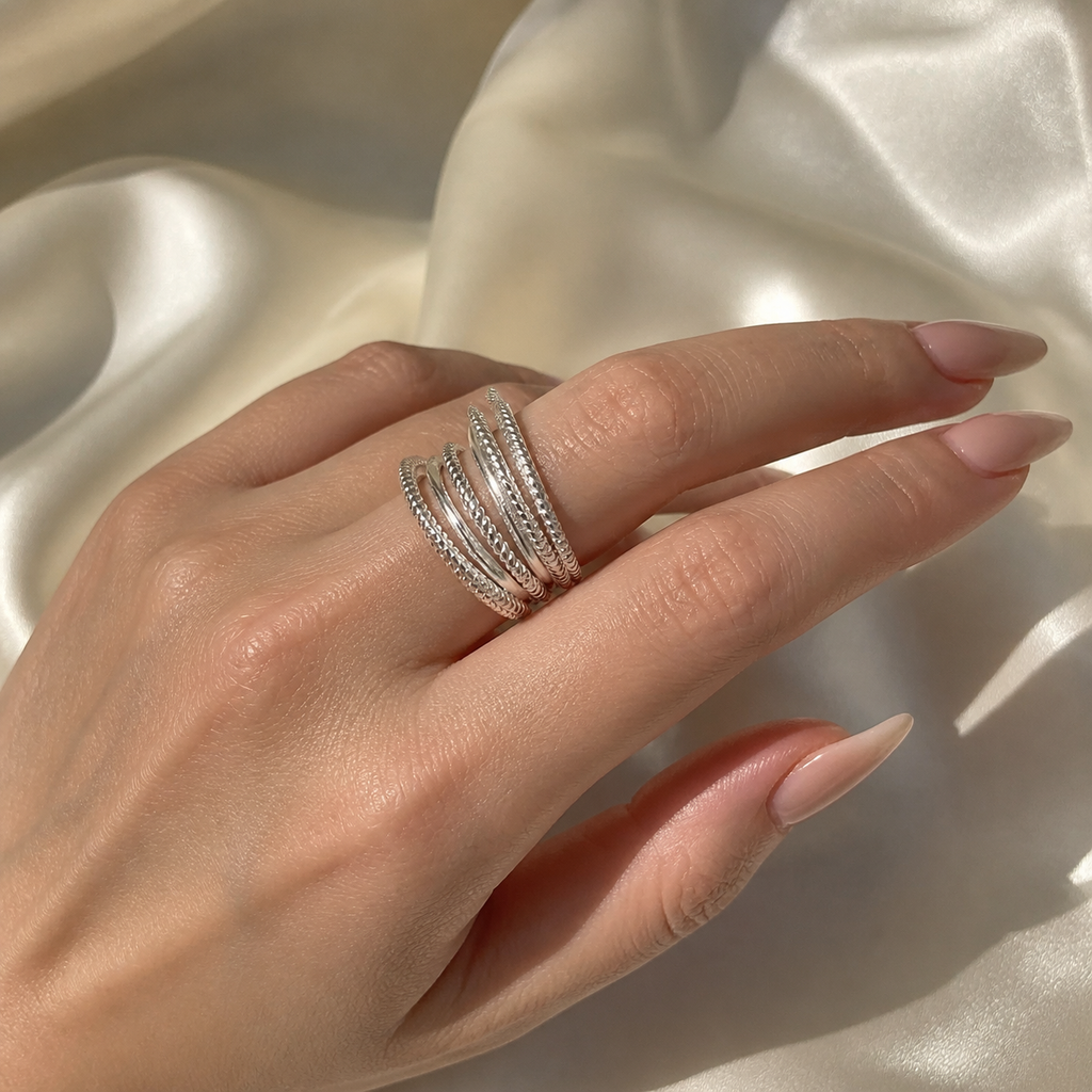 Silver-Tone Textured Multi-Band Cuff Ring