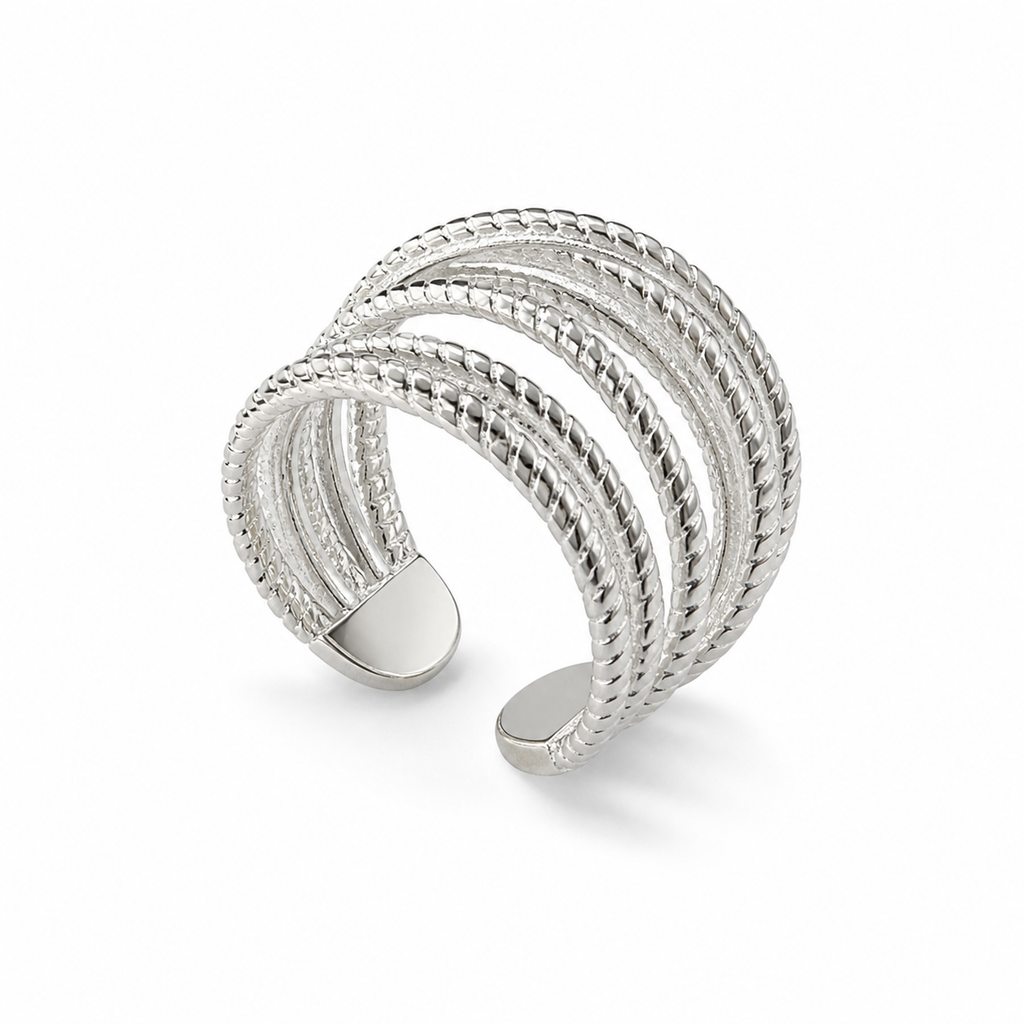 Silver-Tone Textured Multi-Band Cuff Ring