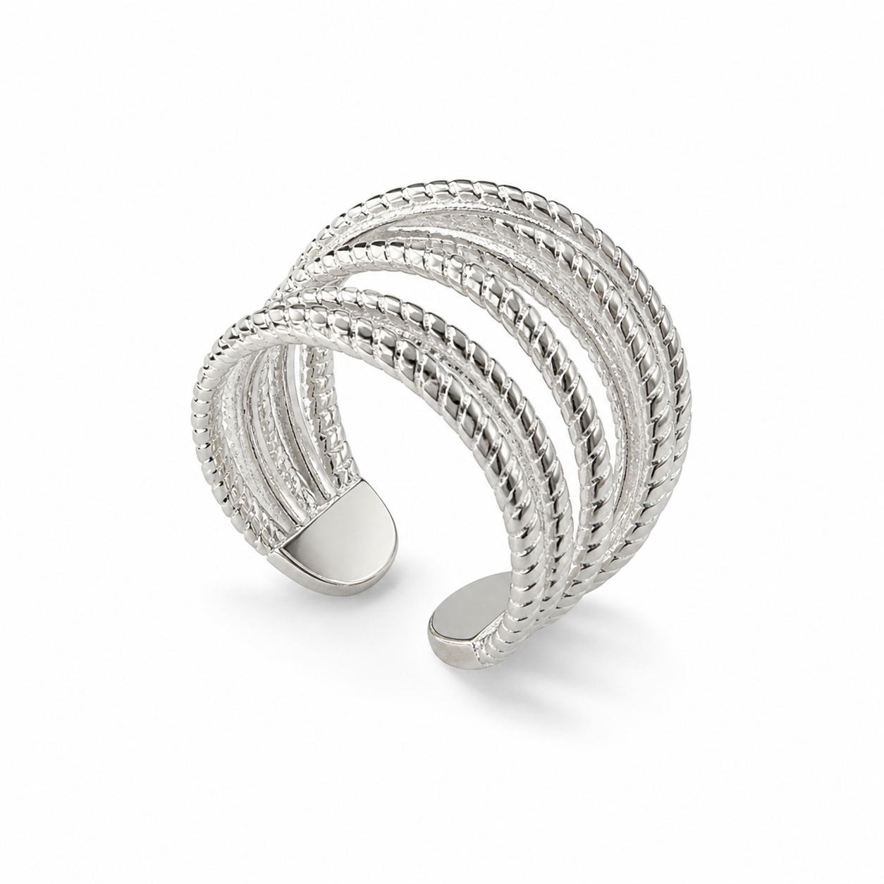 Silver-Tone Textured Multi-Band Cuff Ring