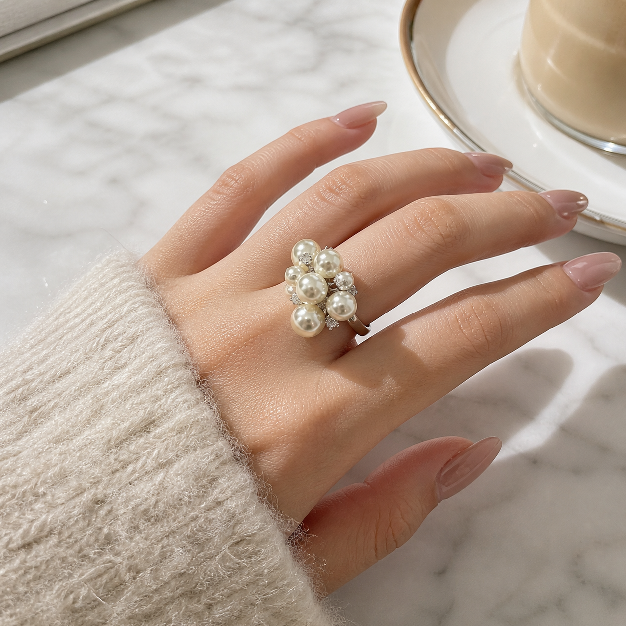 Pearl Cluster Silver-Tone Cuff Ring
