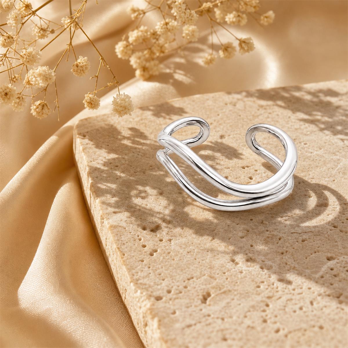 Silver Minimal Cross Cuff Ring